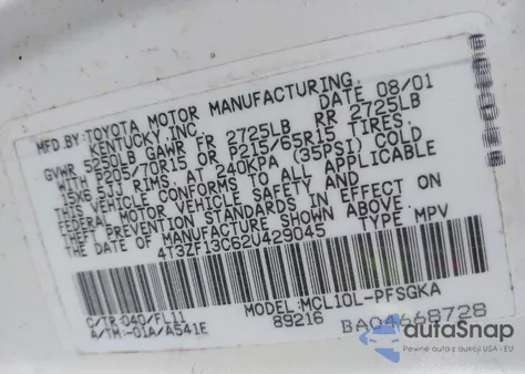 2002 Toyota Sienna Le/Xle из США, поврежденный, VIN 4T3ZF13C62U429045